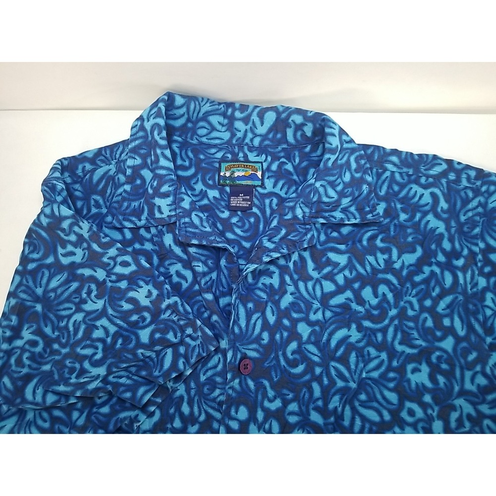 Shaver Lake Mens Medium Blue Abstract Floral Short‎ Sleeve Hawaiian Button Up